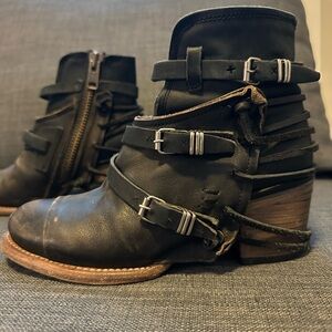 Freebird by Steve, Crue Black Leather Ankle Boots with Buckle Detail